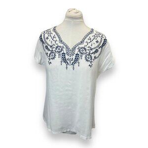 Nurture Womens Embroidered White Top Rayon/Cotton  V-Neck Short Sleeve Size L
